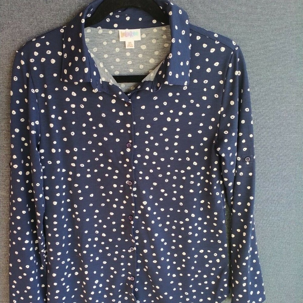 LuLaRoe Button-up Shirt Long Sleeve blue with white dots Women's XS